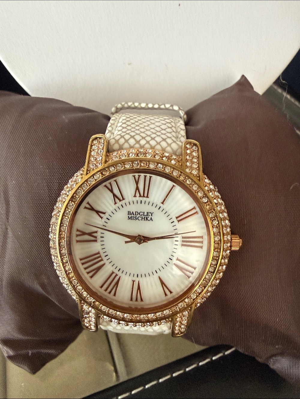 Badgley Mischka Rose Gold-Tone Crystal Accent Watch with White Strap